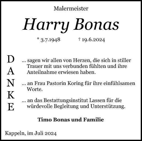 Traueranzeige von Harry Bonas von Schleswiger Nachrichten, Schlei-Bote
