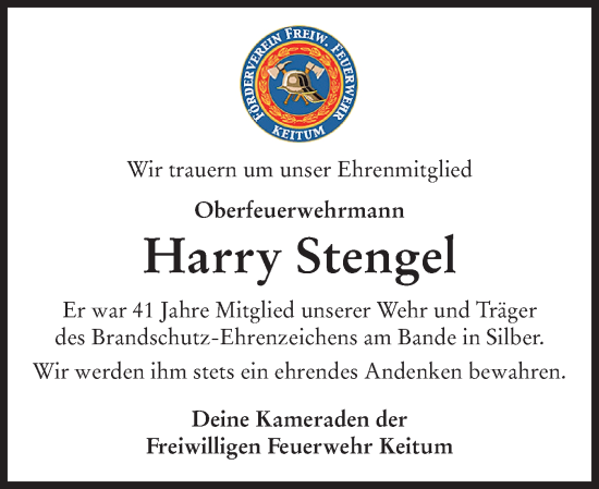 Traueranzeige von Harry Stengel von Sylter Rundschau