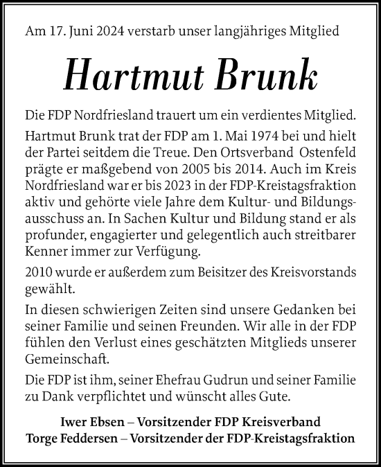 Traueranzeige von Hartmut Brunk von Husumer Nachrichten, Nordfriesland Tageblatt