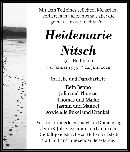 Traueranzeige von Heidemarie Nitsch von Norddeutsche Rundschau, Wilstersche Zeitung, Glückstädter Fortuna