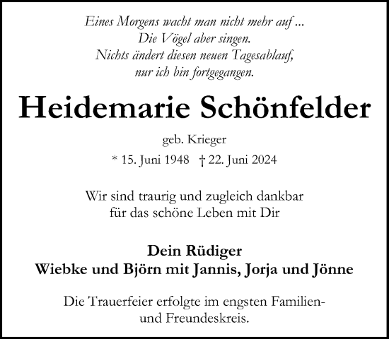 Traueranzeige von Heidemarie Schönfelder von Stormaner Tageblatt