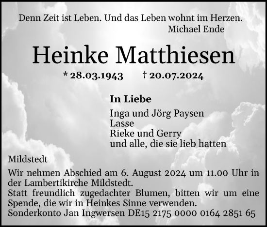 Traueranzeige von Heinke Matthiesen von Husumer Nachrichten, Nordfriesland Tageblatt