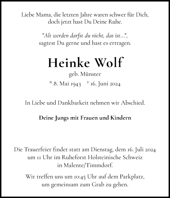 Traueranzeige von Heinke Wolf von Ostholsteiner Anzeiger