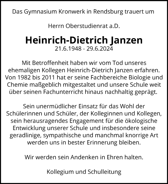 Traueranzeige von Heinrich-Dietrich Janzen von Schleswig-Holsteinische Landeszeitung