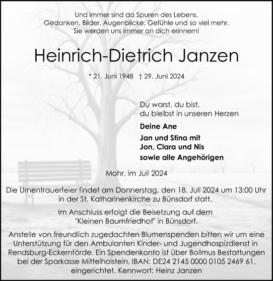 Traueranzeige von Heinrich-Dietrich Janzen von Schleswig-Holsteinische Landeszeitung