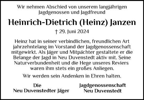 Traueranzeige von Heinrich-Dietrich Janzen von Schleswig-Holsteinische Landeszeitung