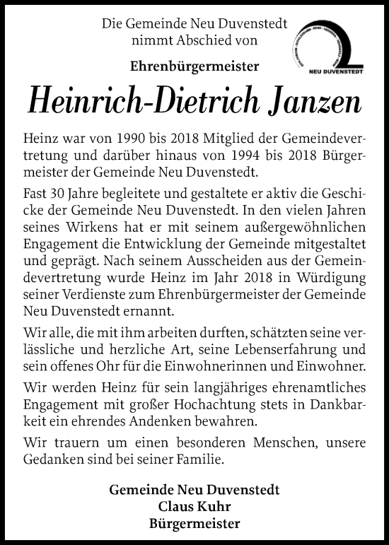 Traueranzeige von Heinrich-Dietrich Janzen von Schleswig-Holsteinische Landeszeitung