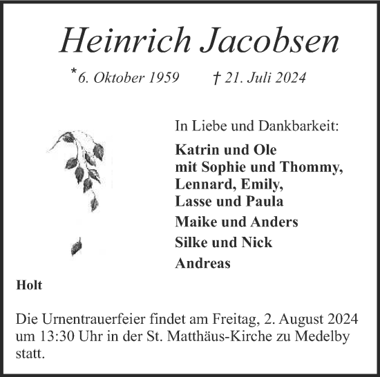 Traueranzeige von Heinrich Jacobsen von Region Flensburg