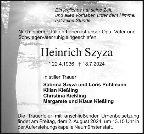 Traueranzeige von Heinrich Szyza von Holsteinischer Courier