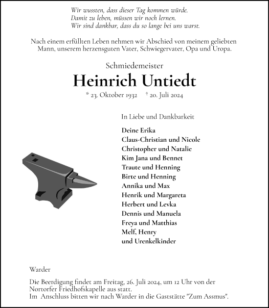 Traueranzeige von Heinrich Untiedt von Schleswig-Holsteinische Landeszeitung