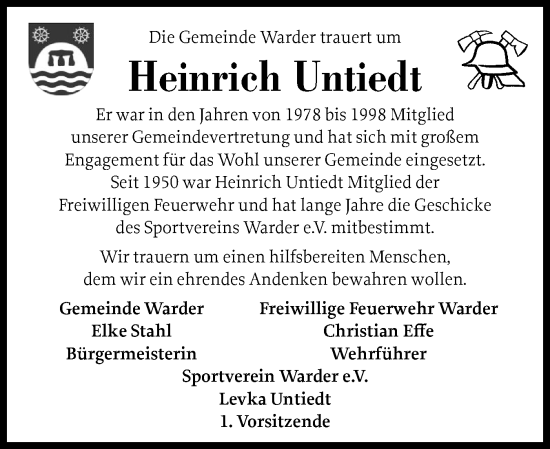 Traueranzeige von Heinrich Untiedt von Schleswig-Holsteinische Landeszeitung