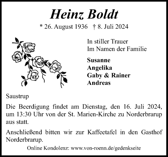 Traueranzeige von Heinz Boldt von Schleswiger Nachrichten, Schlei-Bote