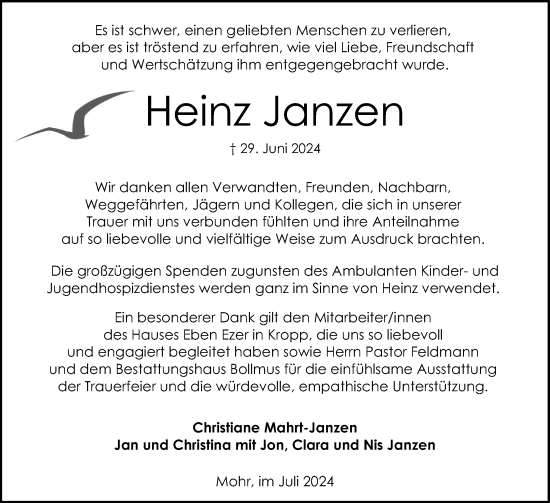 Traueranzeige von Heinz Janzen von Schleswig-Holsteinische Landeszeitung