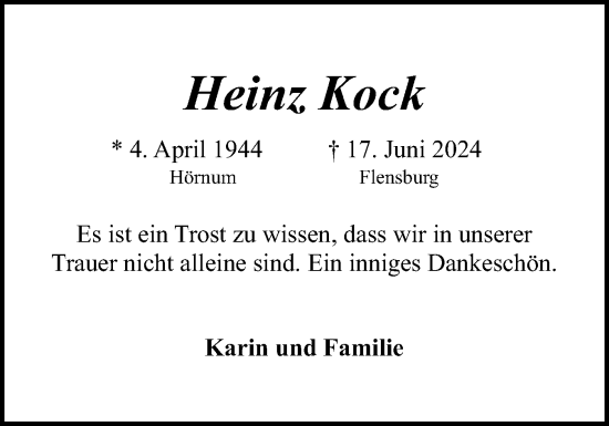 Traueranzeige von Heinz Kock von Sylter Rundschau