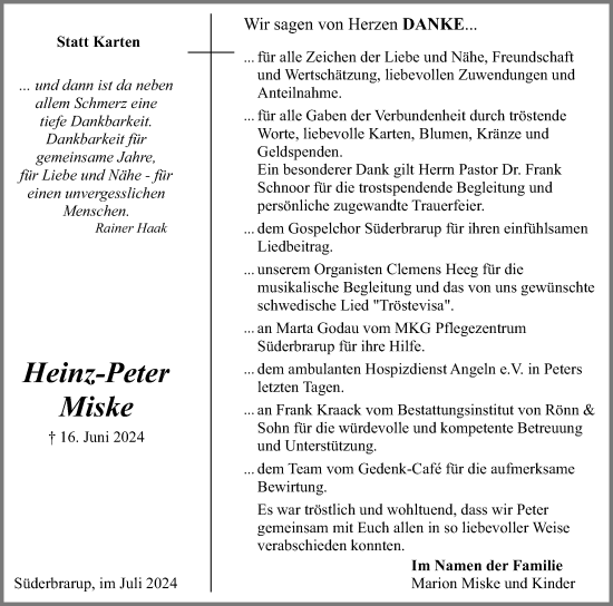 Traueranzeige von Heinz-Peter Miske von Flensburger Tageblatt, Schleswiger Nachrichten, Schlei-Bote