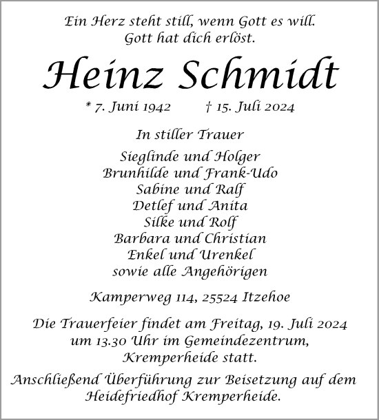 Traueranzeige von Heinz Schmidt von Norddeutsche Rundschau, Wilstersche Zeitung, Glückstädter Fortuna