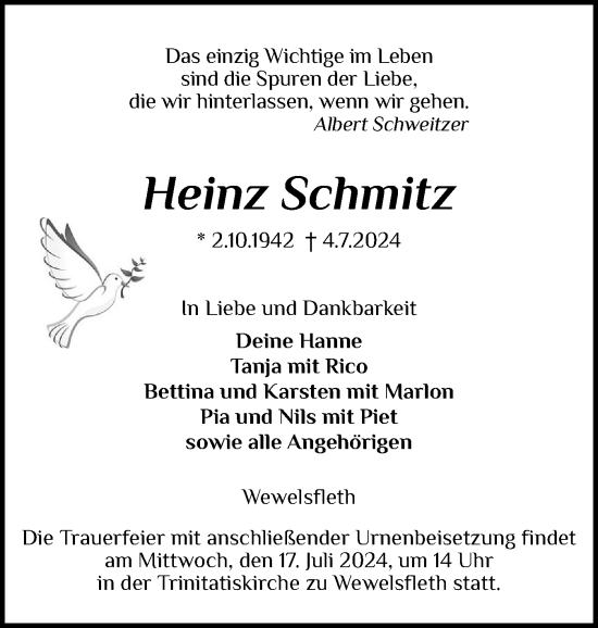 Traueranzeige von Heinz Schmitz von Norddeutsche Rundschau, Wilstersche Zeitung, Glückstädter Fortuna