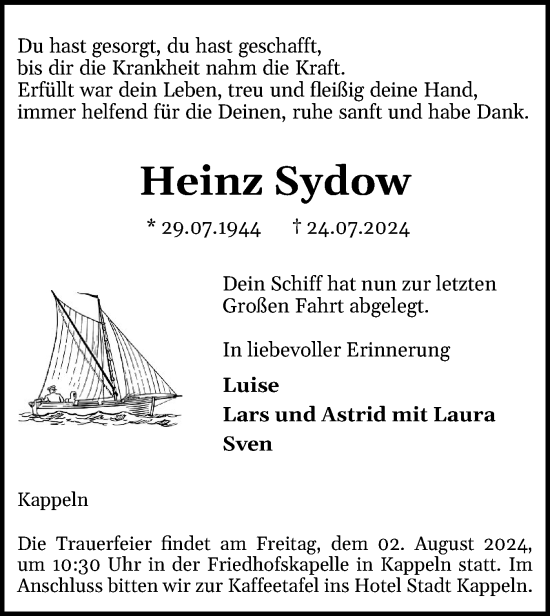 Traueranzeige von Heinz Sydow von Flensburger Tageblatt, Schleswiger Nachrichten, Schlei-Bote