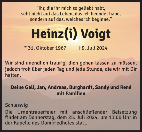 Traueranzeige von Heinz Voigt von Schleswiger Nachrichten, Schlei-Bote