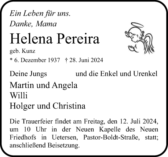 Traueranzeige von Helena Pereira von Uetersener Nachrichten, Der tip am Wochenende