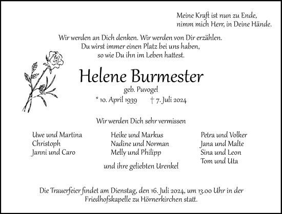 Traueranzeige von Helene Burmester von Elmshorner Nachrichten, Barmstedter Zeitung
