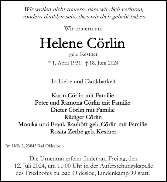 Traueranzeige von Helene Cörlin von Stormaner Tageblatt
