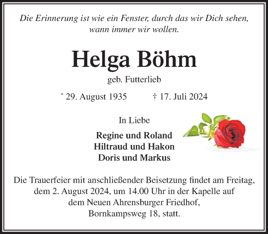 Traueranzeige von Helga Böhm von Stormaner Tageblatt