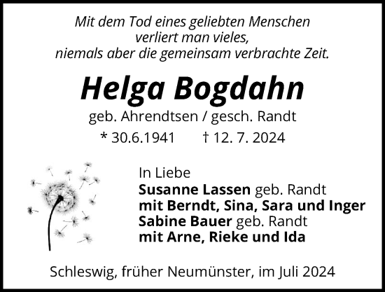 Traueranzeige von Helga Bogdahn von Holsteinischer Courier