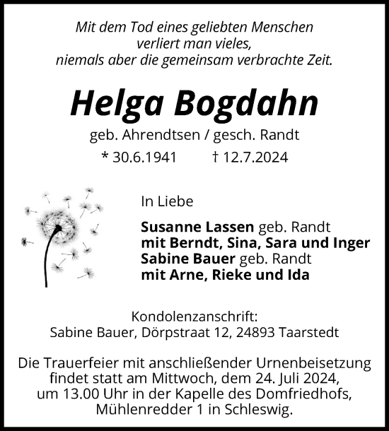 Traueranzeige von Helga Bogdahn von Schleswiger Nachrichten, Schlei-Bote
