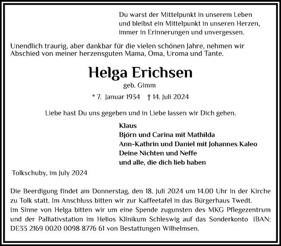 Traueranzeige von Helga Erichsen von Schleswiger Nachrichten, Schlei-Bote