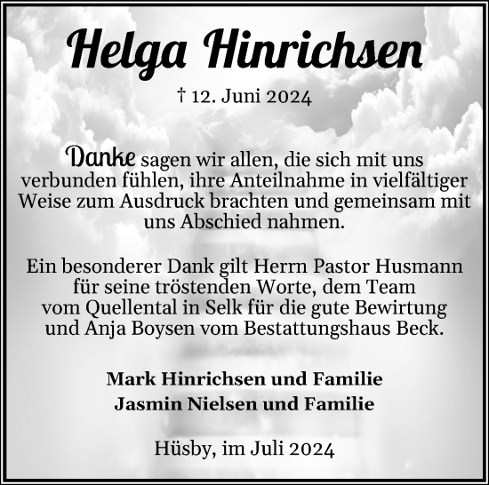 Traueranzeige von Helga Hinrichsen von Schleswiger Nachrichten, Schlei-Bote