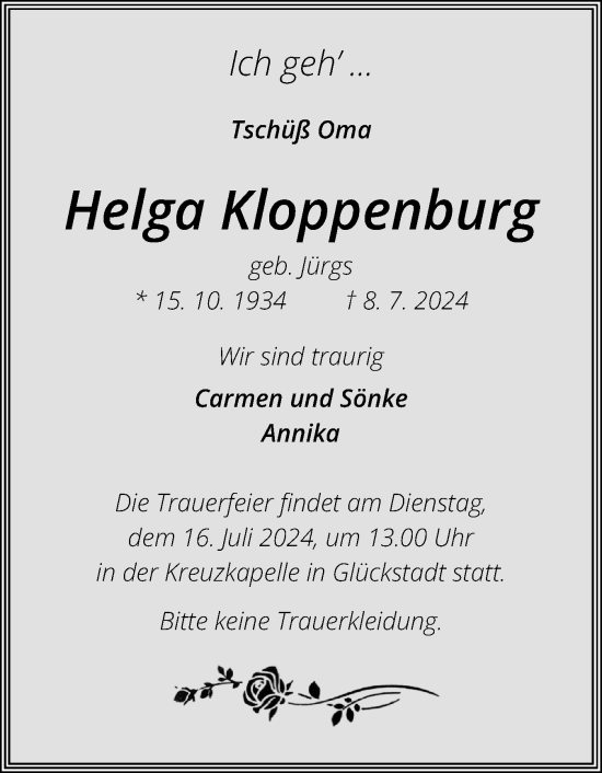 Traueranzeige von Helga Kloppenburg von Norddeutsche Rundschau, Wilstersche Zeitung, Glückstädter Fortuna