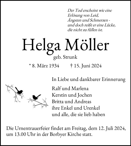 Traueranzeige von Helga Möller von Eckernförder Zeitung, Hallo Eckernförde