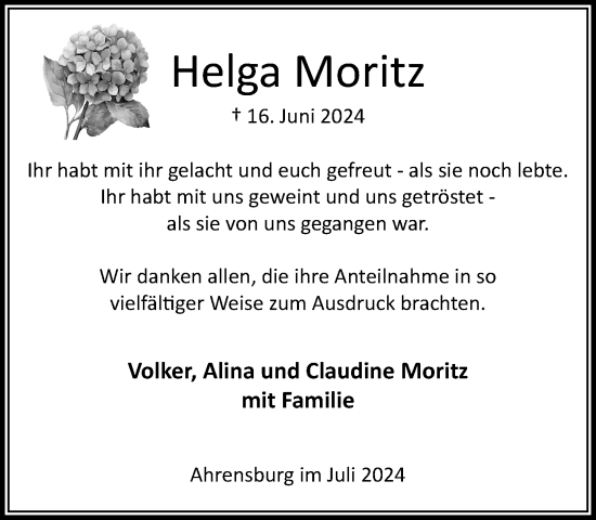 Traueranzeige von Helga Moritz von Stormaner Tageblatt