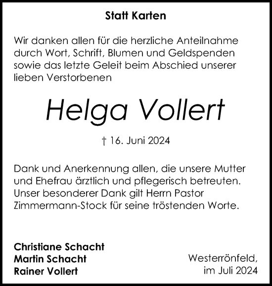 Traueranzeige von Helga Vollert von Schleswig-Holsteinische Landeszeitung