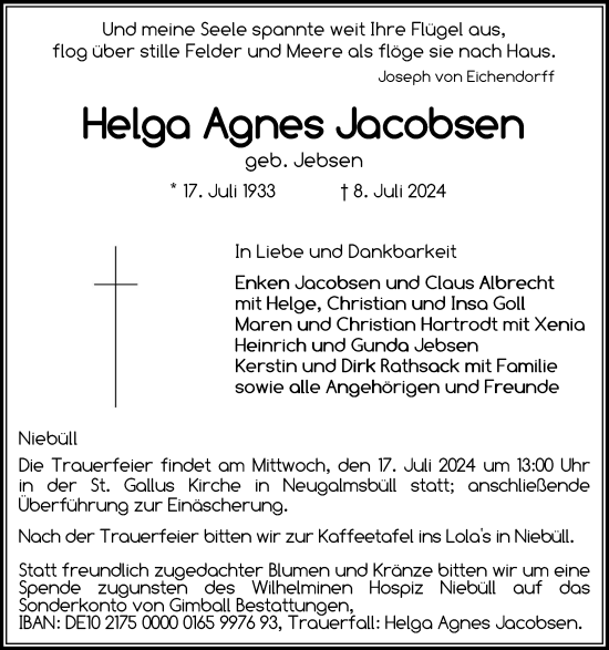 Traueranzeige von Helga Agnes Jacobsen von Region Westküste