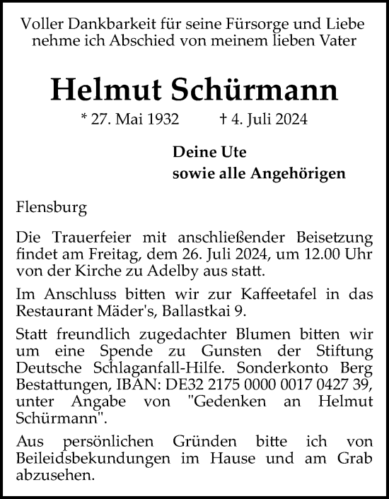 Traueranzeige von Helmut Schürmann von Flensburger Tageblatt