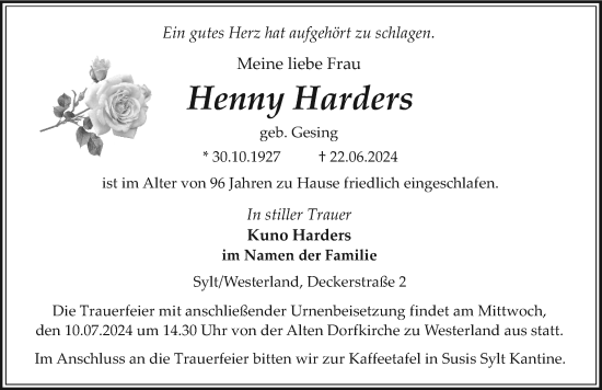 Traueranzeige von Henny Harders von Sylter Rundschau