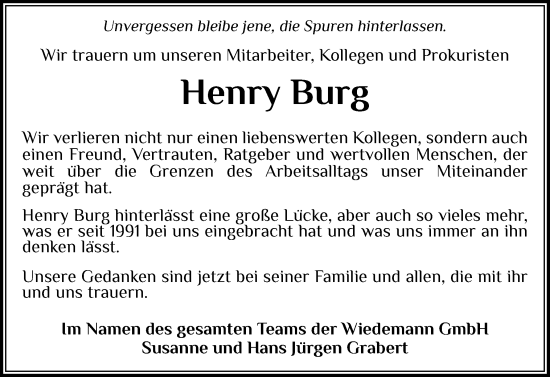 Traueranzeige von Henry Burg von Husumer Nachrichten, Nordfriesland Tageblatt