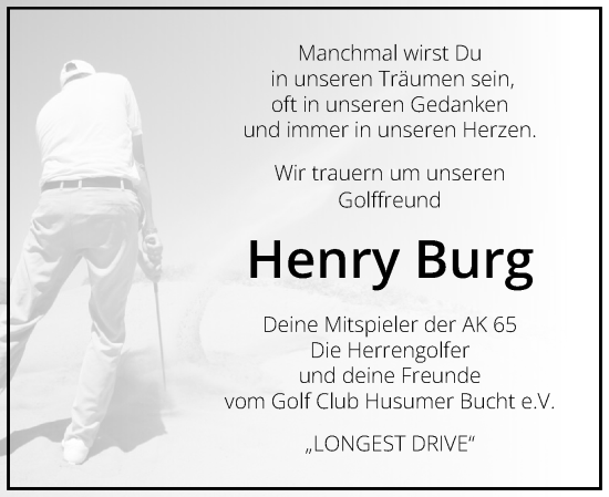 Traueranzeige von Henry Burg von Husumer Nachrichten, Nordfriesland Tageblatt