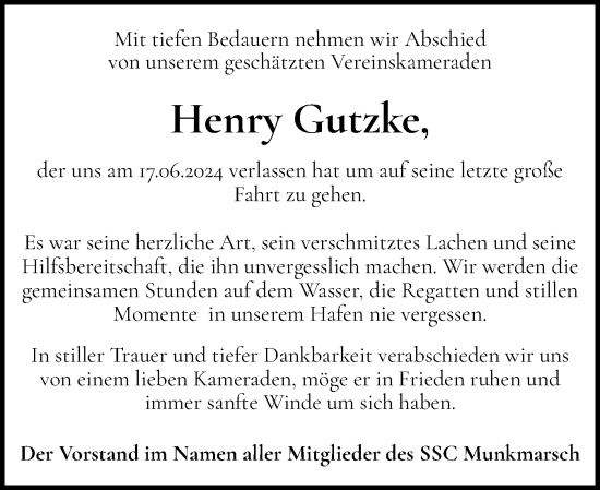 Traueranzeige von Henry Gutzke von Sylter Rundschau