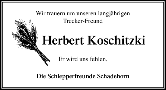 Traueranzeige von Herbert Koschitzki von Stormaner Tageblatt