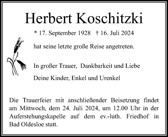 Traueranzeige von Herbert Koschitzki von Stormaner Tageblatt