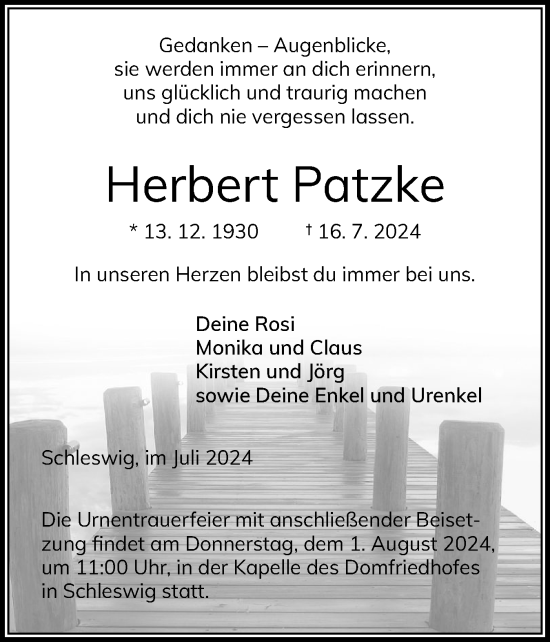 Traueranzeige von Herbert Patzke von Schleswiger Nachrichten, Schlei-Bote
