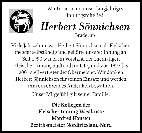 Traueranzeige von Herbert Sönnichsen von Husumer Nachrichten, Nordfriesland Tageblatt