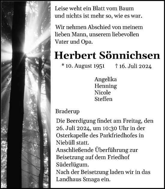 Traueranzeige von Herbert Sönnichsen von Husumer Nachrichten, Nordfriesland Tageblatt