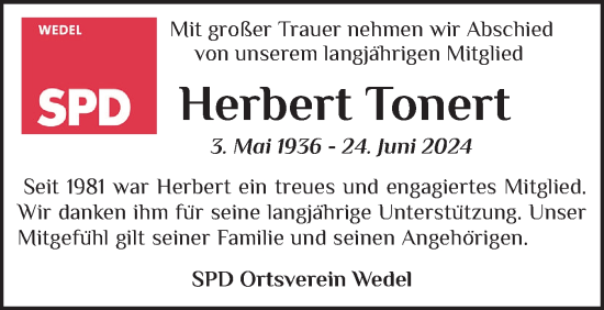 Traueranzeige von Herbert Tonert von Wedel-Schulauer Tageblatt, tip Wedel-Schulauer Tageblatt, tip Rissener Rundschau