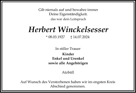 Traueranzeige von Herbert Winckelsesser von Flensburger Tageblatt