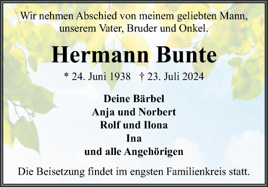 Traueranzeige von Hermann Bunte von Flensburger Tageblatt