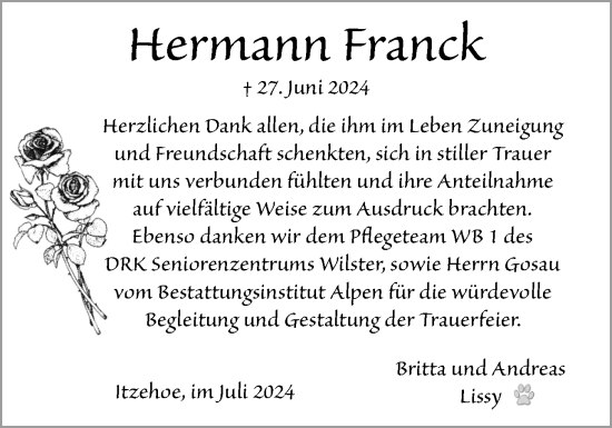 Traueranzeige von Hermann Franck von Norddeutsche Rundschau, Wilstersche Zeitung, Glückstädter Fortuna
